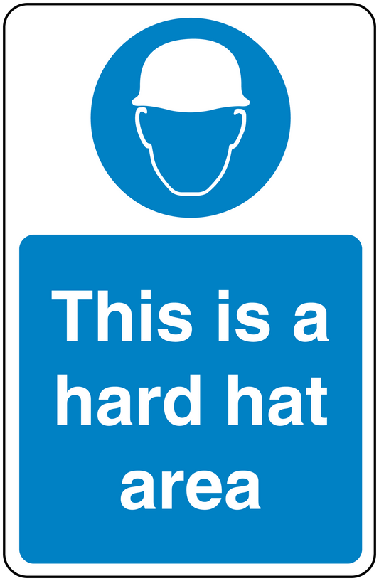 Safety sign sticker with hard hat icon and text 'This is a hard hat area'