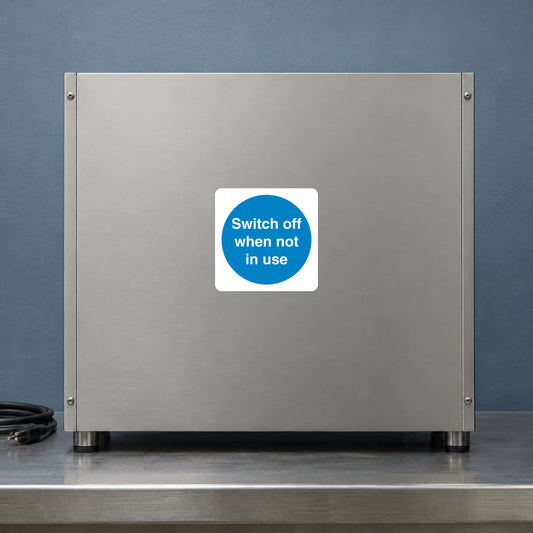 Safety sign sticker with blue circle: 'Switch off when not in use'