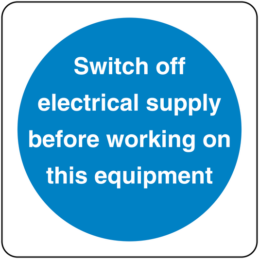 Safety sign sticker: blue circle with white warning text about switching off electrical supply