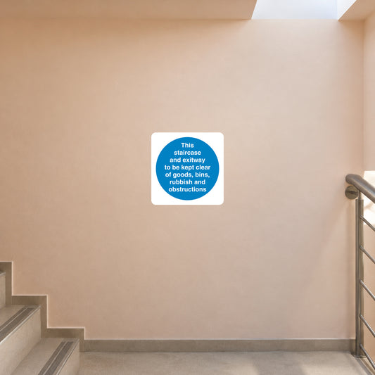 Safety sign sticker: white rectangle with blue circular warning text