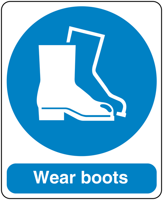 Safety sign sticker with blue circle, white boots icon, and text "Wear boots"