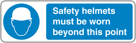 Safety sign sticker showing a helmet icon and text: Safety helmets must be worn beyond this point