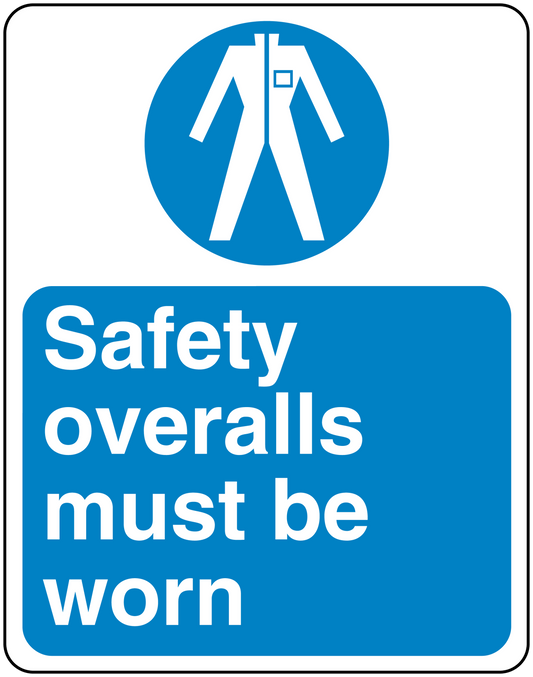 Safety sign sticker with blue icon and text: Safety overalls must be worn