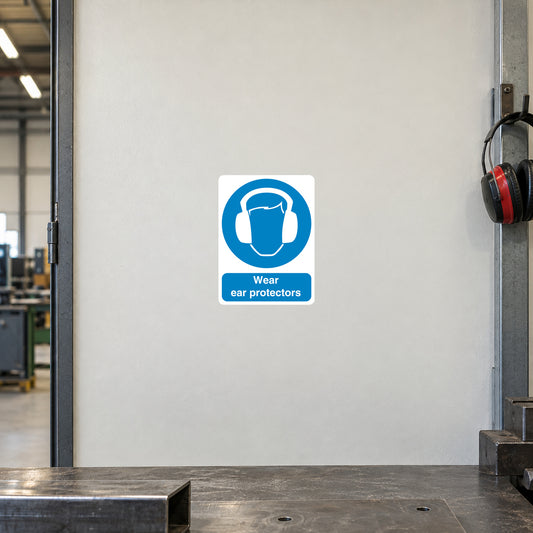 Safety sign sticker: blue ear protection icon with text "Wear ear protectors".