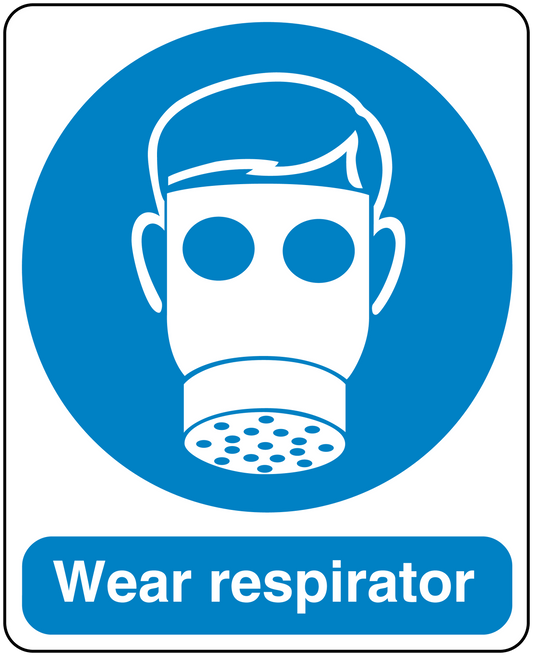 Safety sign sticker with respirator icon and 'Wear respirator'.