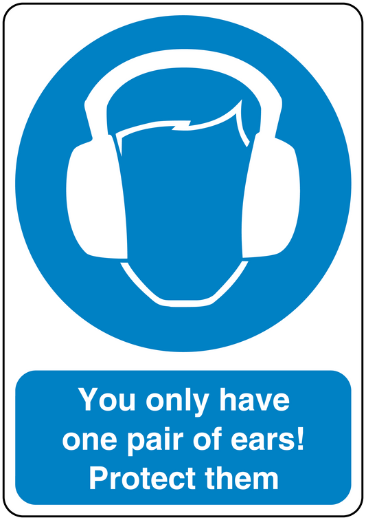 Safety sign sticker with headphone and mask icon, text: one pair of ears