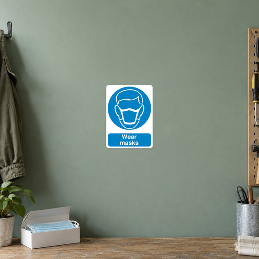 Safety sign sticker: blue mask icon with 'Wear masks' text