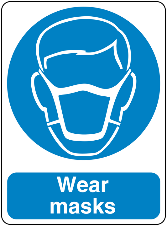 Safety sign sticker with blue mask icon and text "Wear masks".