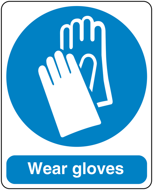 Safety sign sticker with blue glove icon and text 'Wear gloves'
