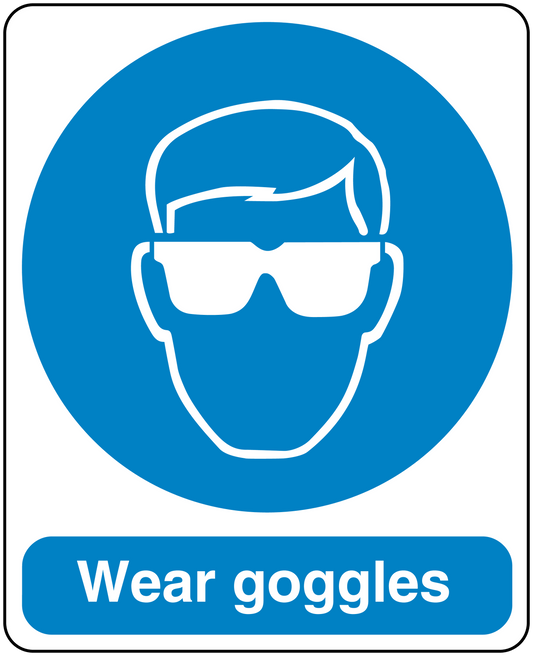 Safety sign sticker with blue goggles icon and text Wear goggles