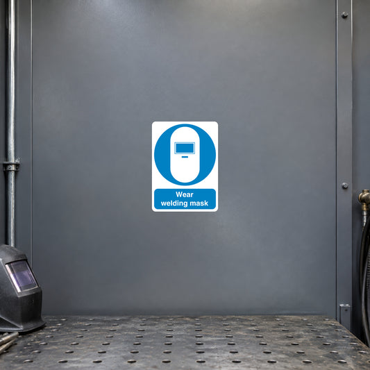 Safety sign sticker with blue welding mask icon and text "Wear welding mask"