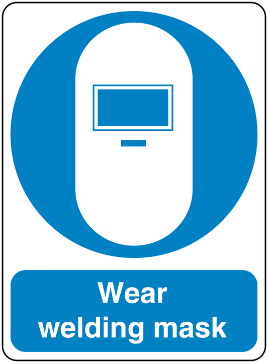 Safety sign sticker: blue circular icon with computer display, text “Wear welding mask”
