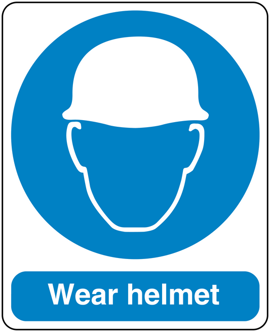 Safety sign sticker with blue circle and white helmet icon, text 'Wear helmet'.