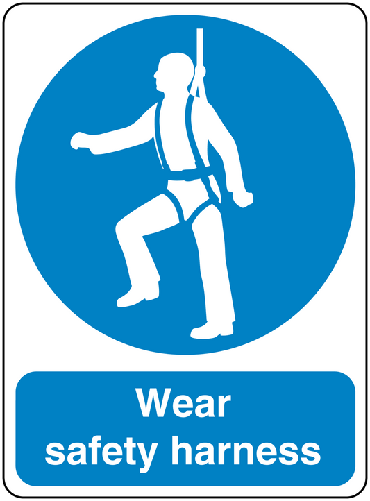 Safety sign sticker: blue round harness-wearing worker icon with 'Wear safety harness' text