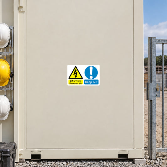 Safety sign sticker with yellow caution triangle and blue Keep out notice