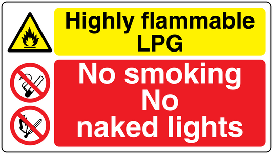 Safety sign sticker with yellow Highly flammable LPG and red No smoking No naked lights