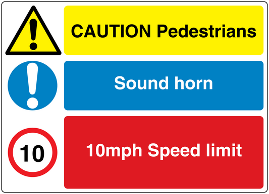 Safety sign sticker with caution pedestrians, sound horn, and 10 mph speed limit blocks