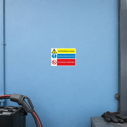 Caution Battery Charging safety sign sticker with warning icons and text