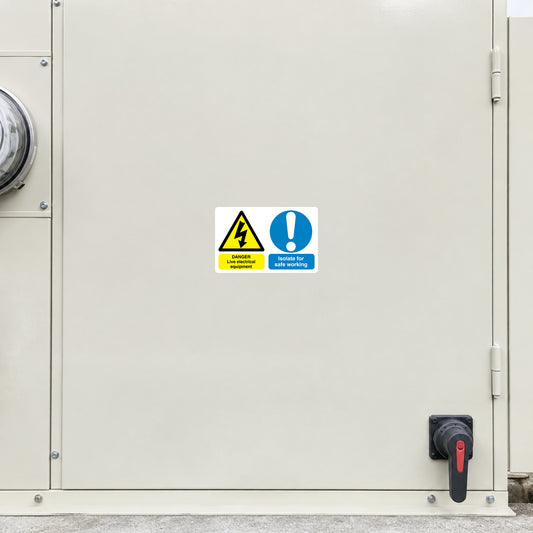 Safety sign sticker with yellow warning triangle and blue information icon