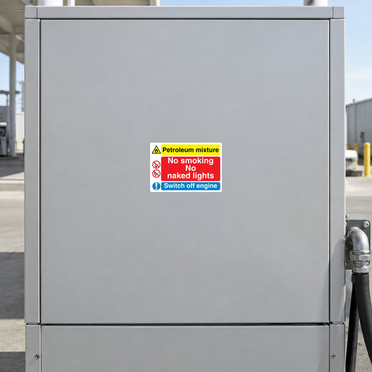 Safety sign sticker: petroleum mixture warning—no smoking, no naked flames, switch off engine.