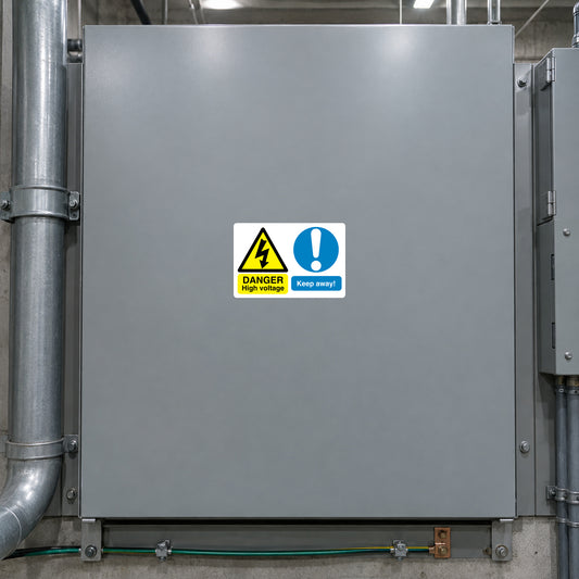 Safety sign sticker with hazard triangle, “Danger High Voltage” and “Keep away”