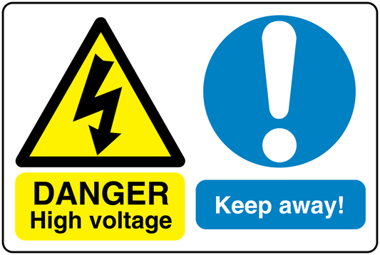 Safety sign sticker with yellow warning triangle, lightning, blue exclamation, and DANGER/Keep away