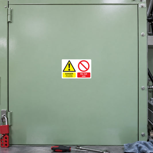 Safety hazard sign sticker with yellow triangle DANGER and red prohibition symbol