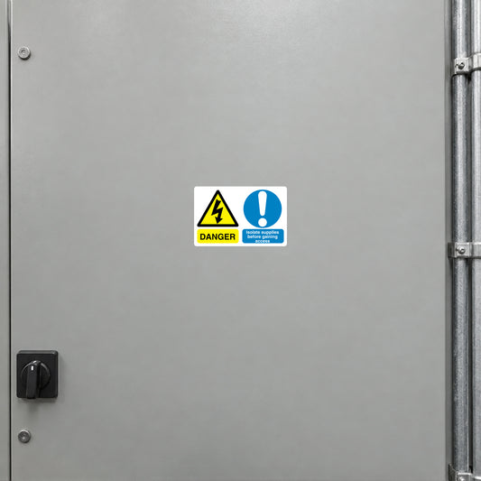 Safety sign sticker with yellow danger triangle and blue safety message label