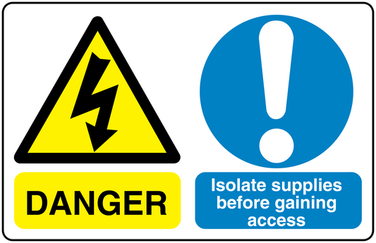Safety sign sticker with yellow danger triangle, lightning bolt, and blue warning exclamation