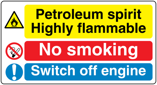 Safety sign sticker: petroleum spirit highly flammable, no smoking, switch off engine