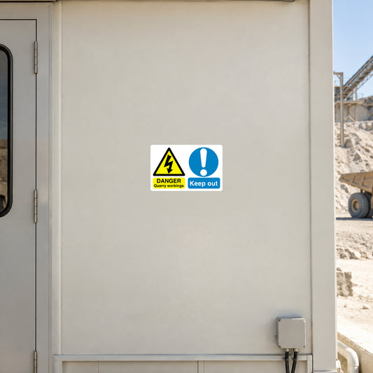 Safety sign sticker with yellow danger warning and blue 'Keep out' label