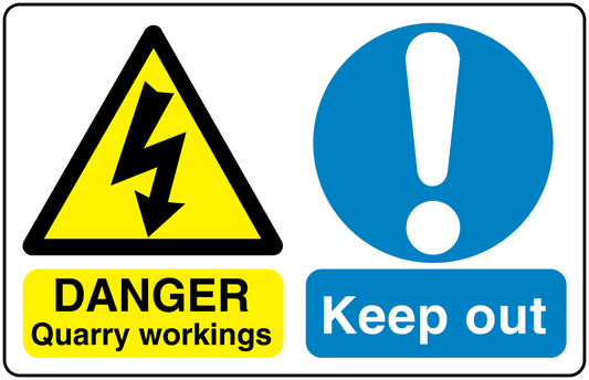 Safety sign sticker with hazard triangle and exclamation; DANGER Quarry workings, Keep out