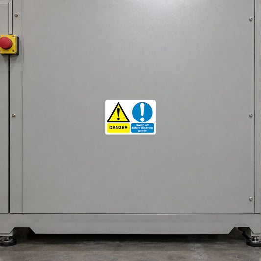 Danger warning sign sticker with yellow triangle and exclamation mark, blue safety text