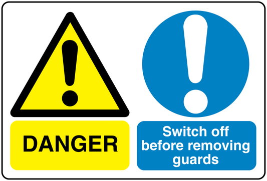 Safety sign sticker with danger triangle, exclamation mark, and 'Switch off before removing guards'