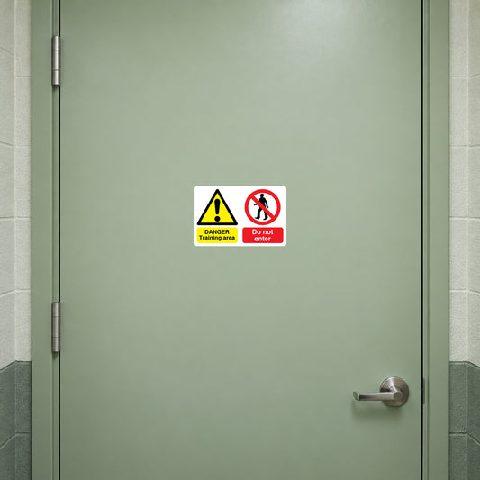 Safety sign sticker with yellow danger triangle and red no-entry symbol