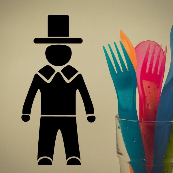 Simplified pilgrim man decal, black silhouette with hat and tunic