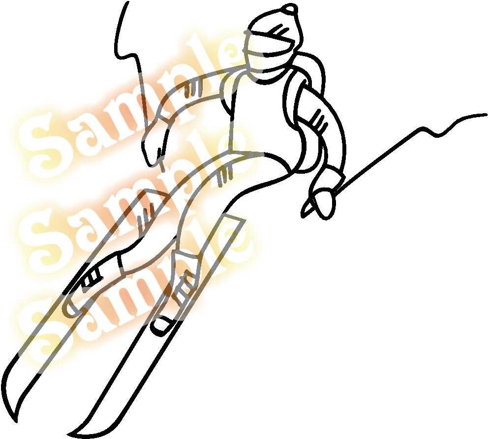 Jumping skier vinyl wall decal in black outline, skis and poles shown mid-air