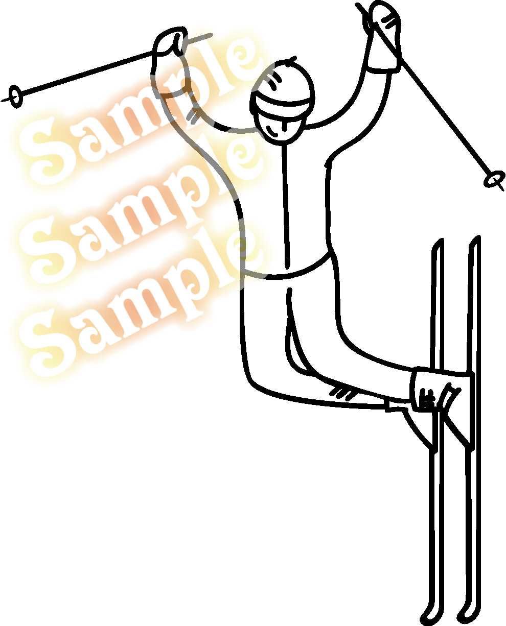 Skier jumping vinyl decal with skis and poles, line-art silhouette