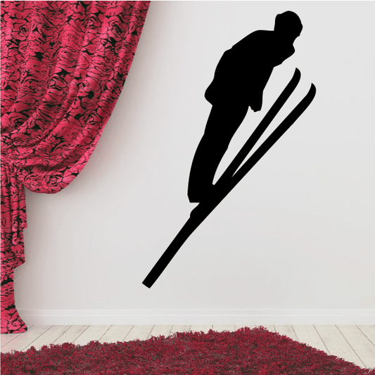 Skier wall decal silhouette with skis on white wall