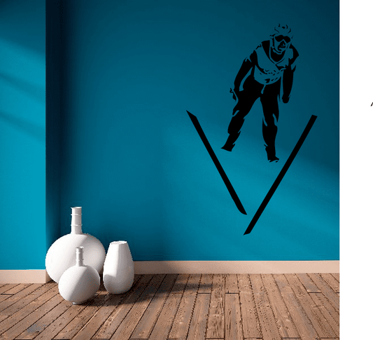 Skiing wall decal featuring a cartoon skier silhouette on skis