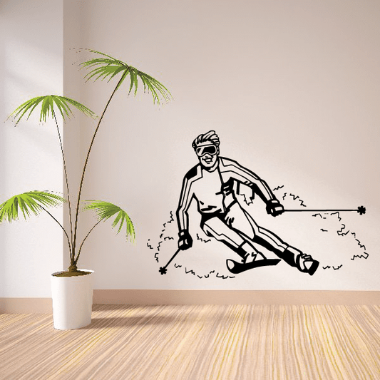 Skiing wall decal of a skier silhouette with splatter ground and palm trees