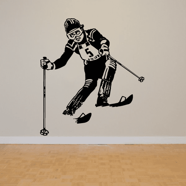 Skiing wall decal: black skier kneeling with ski poles and boots