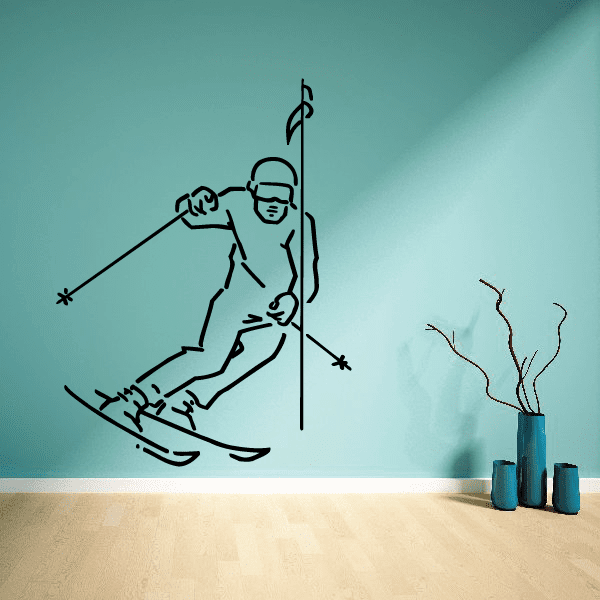 Skiing vinyl wall decal showing a black outline skier with skis and poles.