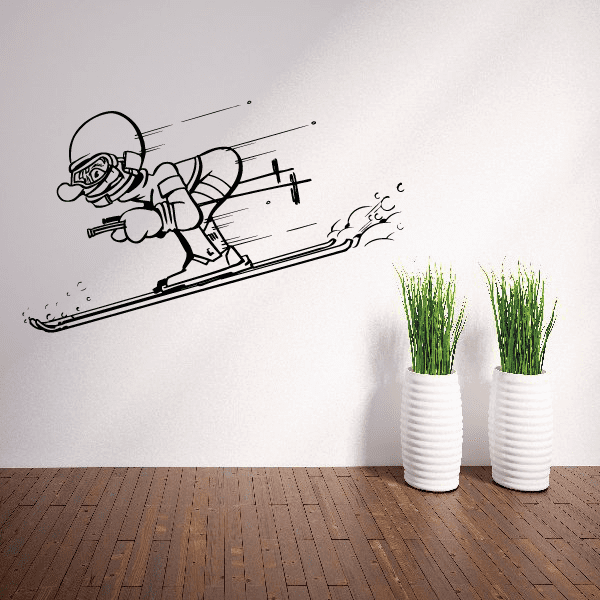 Skiing wall decal vinyl of black outline skier on skis with motion lines