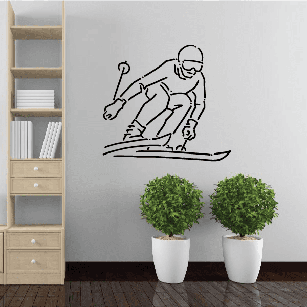 Skiing vinyl wall decal with black skier and skis line illustration
