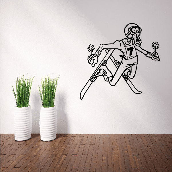 Vinyl skiing wall decal with cartoon skier holding skis and poles