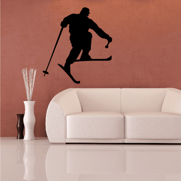 Skiing wall decal vinyl showing black skier silhouette on snowboard