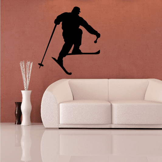 Skiing wall decal vinyl showing black skier silhouette on snowboard