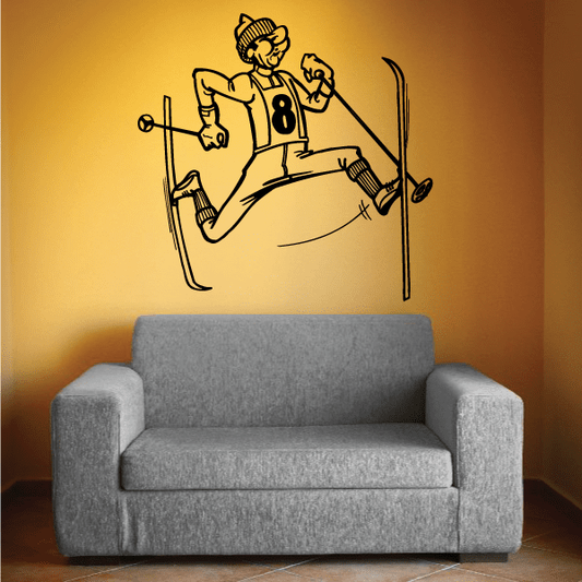 Skiing vinyl wall decal of a cartoon skier with skis and poles