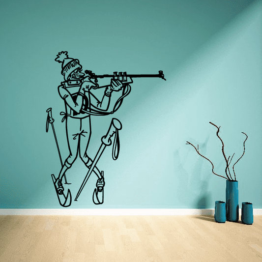 Vinyl skiing wall decal: cartoon skier holding ski poles